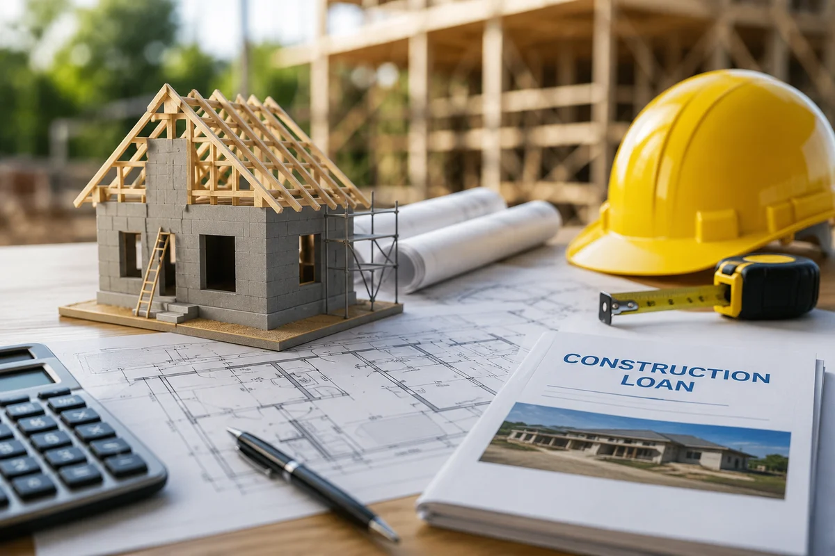 Model house frame on a building plan beside a construction loan document and hard hat, representing how construction loans work