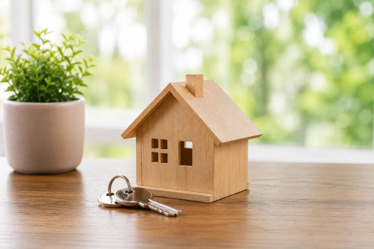 Small wooden house model with keys and a plant, representing the first home buyer guide for New Zealand