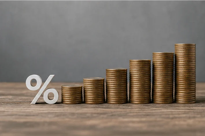 Percent sign beside stacked coins of increasing height, representing fixed versus floating mortgage rates