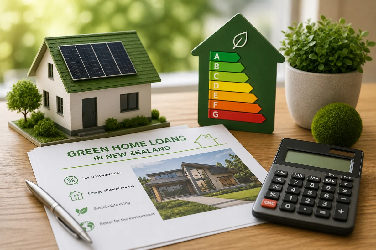 Model house with solar panels beside a green home loans brochure and energy efficiency chart, representing green home loans in New Zealand