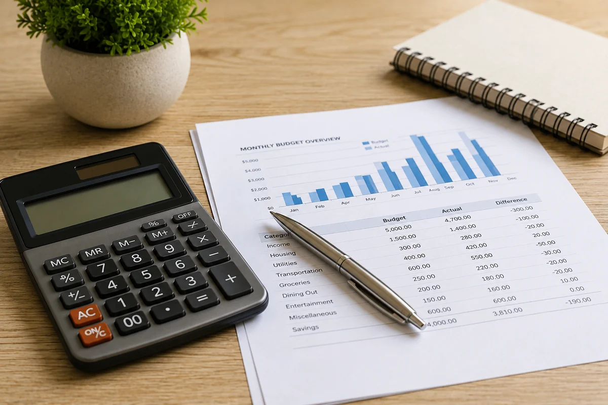 Calculator, notebook and monthly budget chart on a desk, representing how banks calculate borrowing power