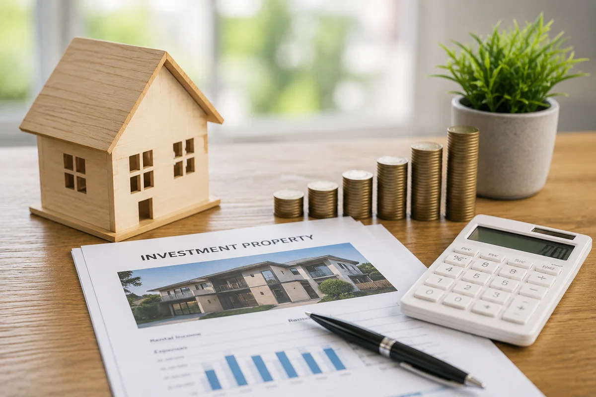 Wooden house model beside an investment property report with rising coin stacks, representing investment property lending