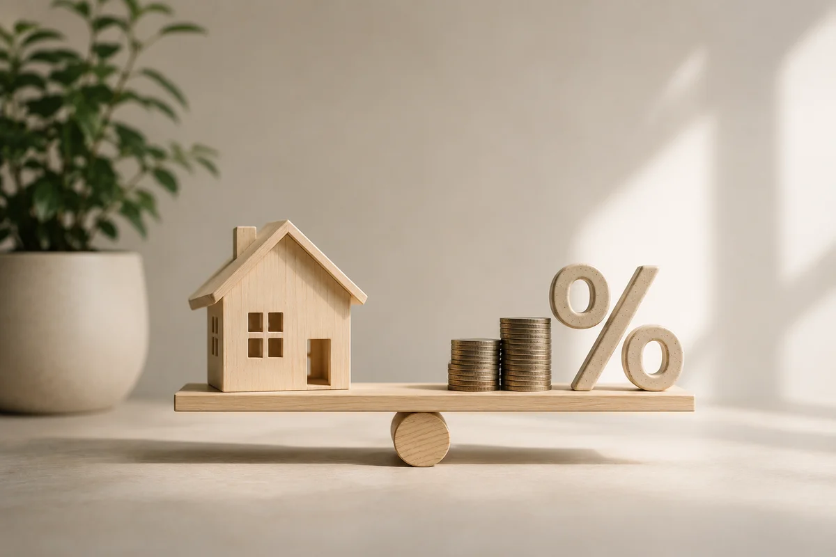 Wooden house model balanced on a scale against coins and a percent sign, representing loan to value ratio