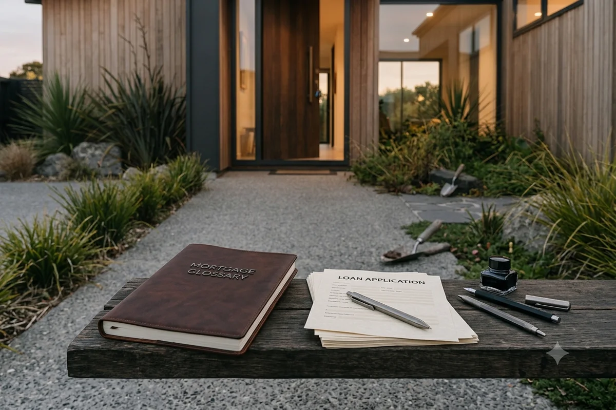 Book labelled Mortgage Glossary beside a loan application on an outdoor bench, representing the mortgage glossary