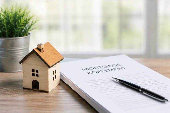 Wooden house model beside a mortgage agreement document, representing refinancing a mortgage