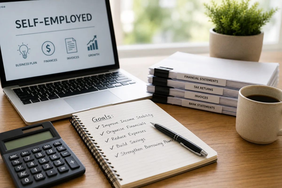 Laptop showing self-employed business plan icons beside financial statement folders, representing self-employed mortgage applications
